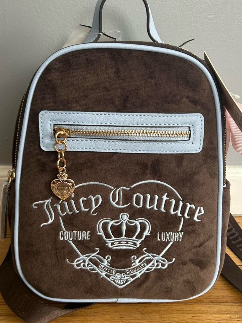 Juicy Couture Brown Backpack with Light Blue Trim and Gold Charm